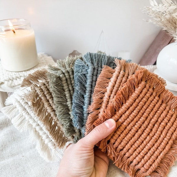 boho square macrame coaster set | earth tone macrame coasters | mug rug | candle coaster | coffee coasters | table coaster