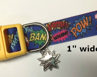 Bam Pow Zap Wham words adjustable Dog collar with BAM charm LEASHES & key fobs available