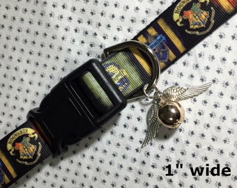 Harry Potter 1" wide & SMALLER sizes Hogwarts Houses adjustable dog and cat collars Snitch Or Death Hallows harm Leashes, key fobs available