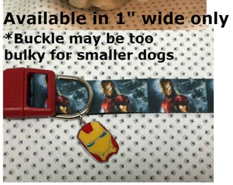 Iron man Inspired 1" wide adjustable dog collar with Iron Man face charm 2 designs choices LEASHES & key fob AVAILABLE