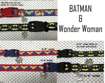 Batman or Wonder dog or cat collar with BAM charm LEASH & key fob available Be sure to check size differences