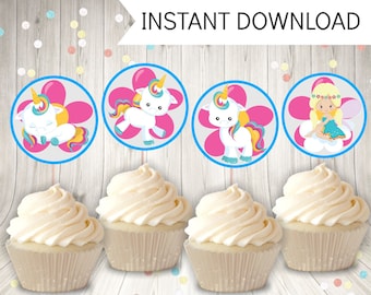 Unicorn Cupcake Toppers, fiesta de cumpleaños de unicornio, descarga instantánea imprimible