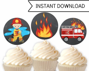 Firefighter Party Cupcake Toppers, Fireman Party Decorations, Printable Instant Download