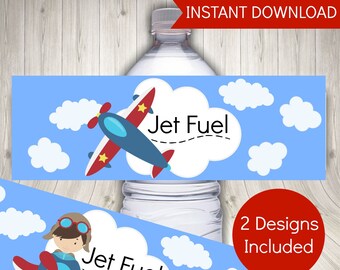 Airplane Birthday Party Water Bottle Labels: Pilot Party Decor (Instant Download)