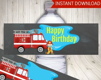 Fire Fighter Party Water Bottle Labels, Printable Party Decorations, Instant Digital Download