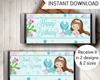 Envoltorios de dulces para fiesta de cumpleaños de sirena: recuerdos y decoraciones (descarga imprimible instantánea)
