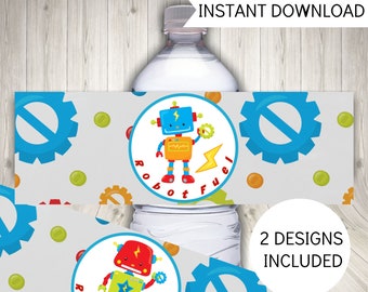 Robot Party Water Bottle Labels, Printable Party Decorations, Instant Digital Download