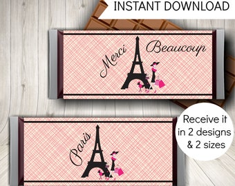 Paris Party Candy Bar Wrappers, Paris Themed Party Favors, Printable Instant Download