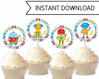 Robot Birthday Party Cupcake Toppers, Printable Cupcake Decorations, Instant Download
