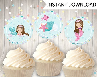 Mermaid Party Printable Cupcake Toppers, Cupcake Decorations, Instant Download