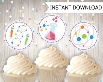 Girls Scientist Party Cupcake Toppers, Printable Mad Scientist Cupcake Decorations, Instant Download