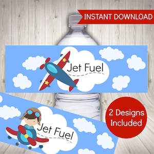 Airplane Birthday Party Water Bottle Labels: Pilot Party Decor (Instant Download)