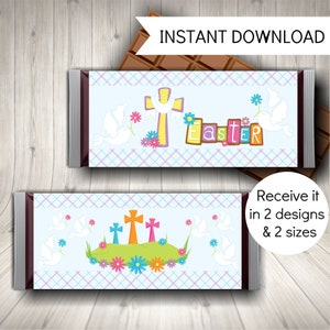 May include: Printable Easter chocolate bar wrappers with two designs. One design features a cross with doves and the text "Easter". The other design features three crosses in a grassy field with doves flying overhead. Both designs have a light blue background with a purple and white checkered pattern.