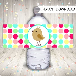 Bird Water Bottle Labels: Polkadot Birthday Party Wraps (Printable PDF)