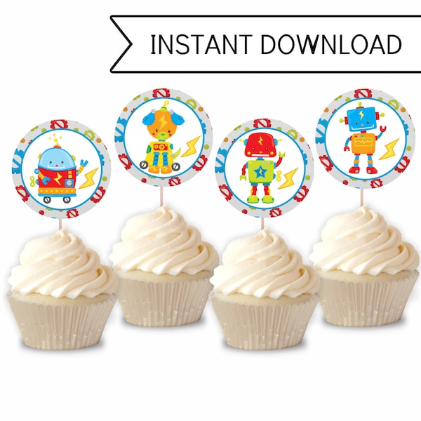 Robot Birthday Party Cupcake Toppers, Printable Cupcake Decorations, Instant Download