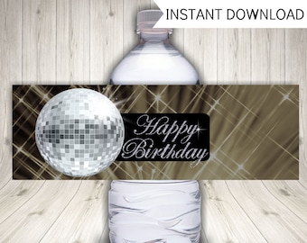 Disco Party Water Bottle Labels, Mirror Ball Party Decoration, Instant Printable Download