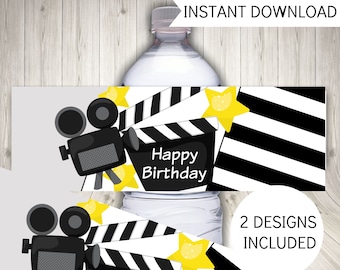 Movie Night Party Water Bottle Labels, Party Decoration, Instant Printable Download