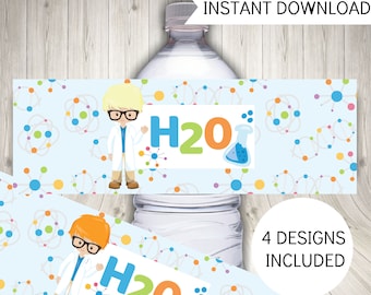 Boy Scientist Water Bottle Labels, Printable Birthday Party Decorations, Instant Digital Download