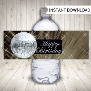 Disco Party Water Bottle Labels, Mirror Ball Party Decoration, Instant Printable Download