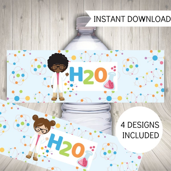 Girls Science Party Water Bottle Labels, Printable Mad Scientist Party Decorations, Instant Digital Download