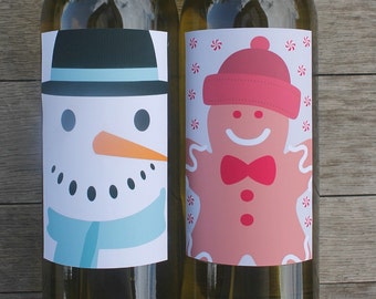 Gingerbread Man & Snowman Christmas Wine Labels