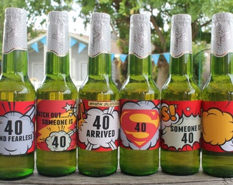 40th Birthday Beer Labels, Superhero Printable Labels, Instant Download