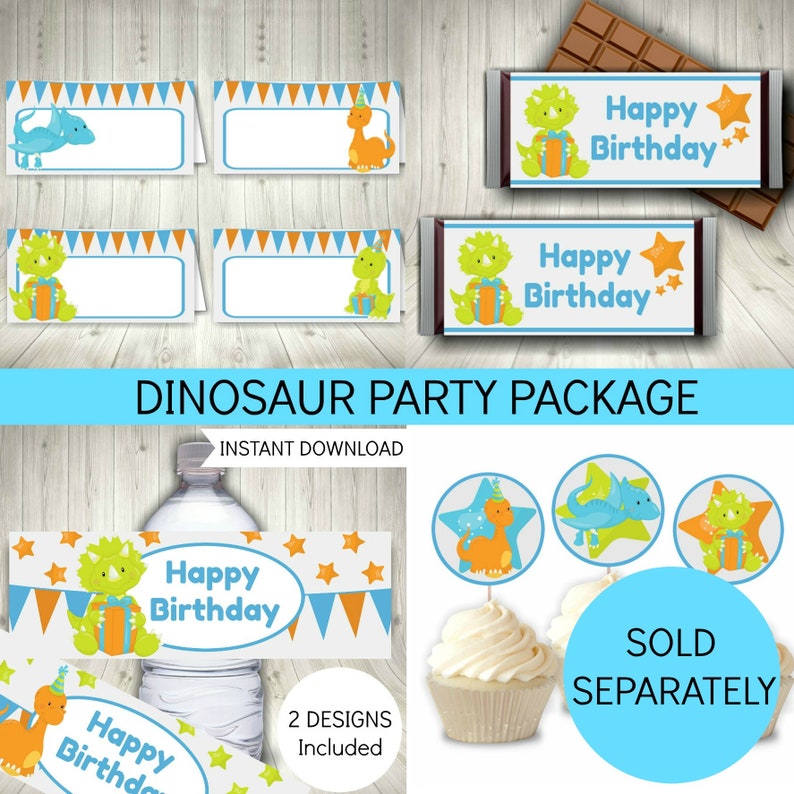 May include: A dinosaur-themed party package with various elements. Includes labels, candy bar wrappers, water bottle labels, and cupcake toppers. Designs feature cartoon dinosaurs, the text "Happy Birthday", and star accents. The package is an instant download.