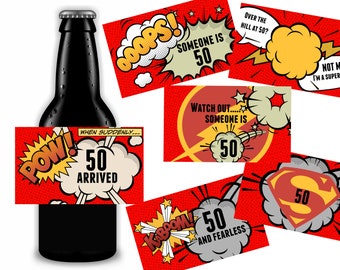 50th Birthday Beer Labels, Superhero Printable Labels, Instant Download