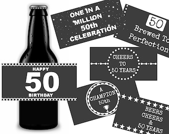 50th Birthday Beer Labels, Chalk Board Style, Gift For Him, Printable Instant Download