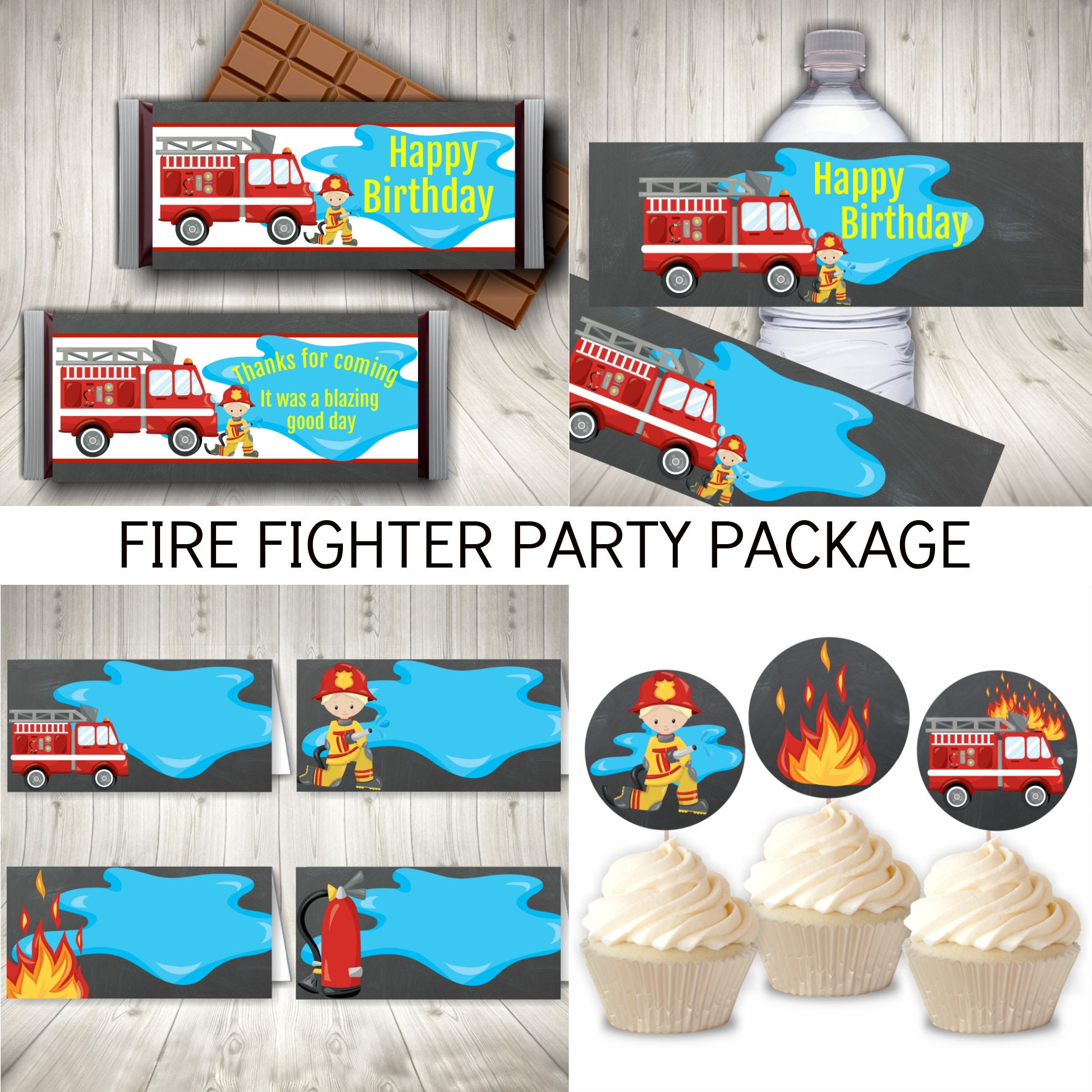 Firefighter Party Printable Set, Boys Birthday Party Package, Instant Download, Party Printables