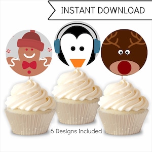 Christmas Cupcake Toppers: Set of 6 Holiday Character Designs (Instant Download)