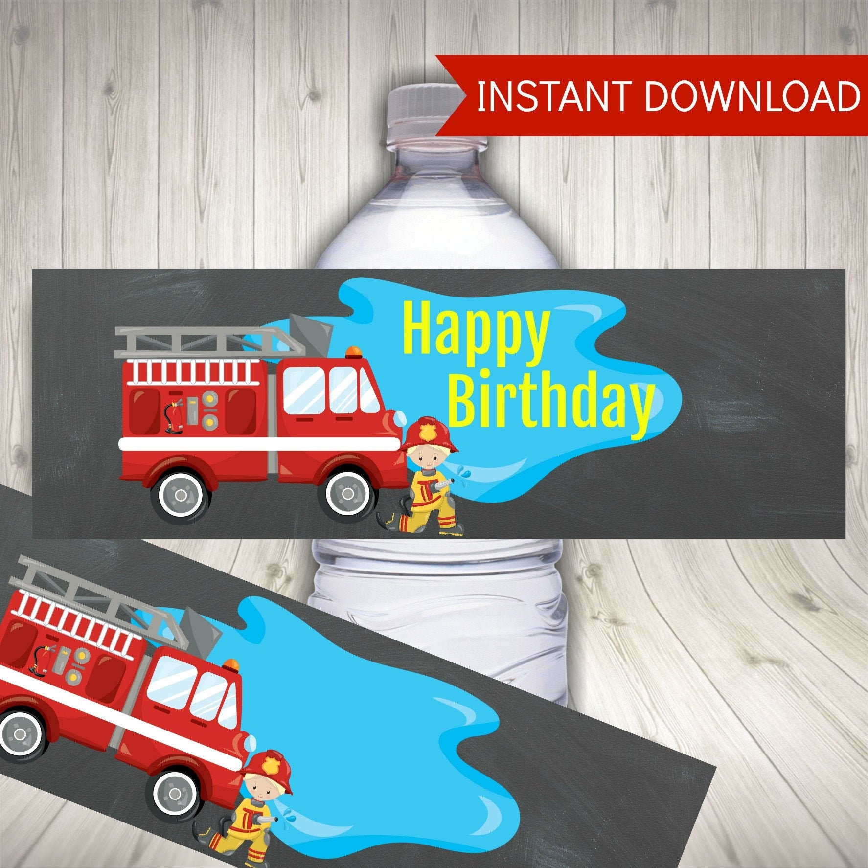 Fire Fighter Party Water Bottle Labels, Printable Party Decorations, Instant Digital Download