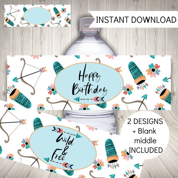 Boho Party Water Bottle Labels, Tribal Party Decoration, Instant