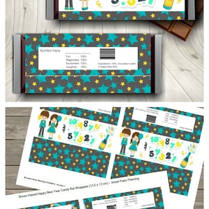 May include: Printable candy bar wrappers featuring a cartoon couple in blue and green outfits, a champagne bottle with fireworks, and the numbers 10, 9, 8, 7, 6, 5, 4, 3, 2, and 1. The wrappers are decorated with a gray and teal star pattern. The text "Happy New Year" is also included on the wrappers.