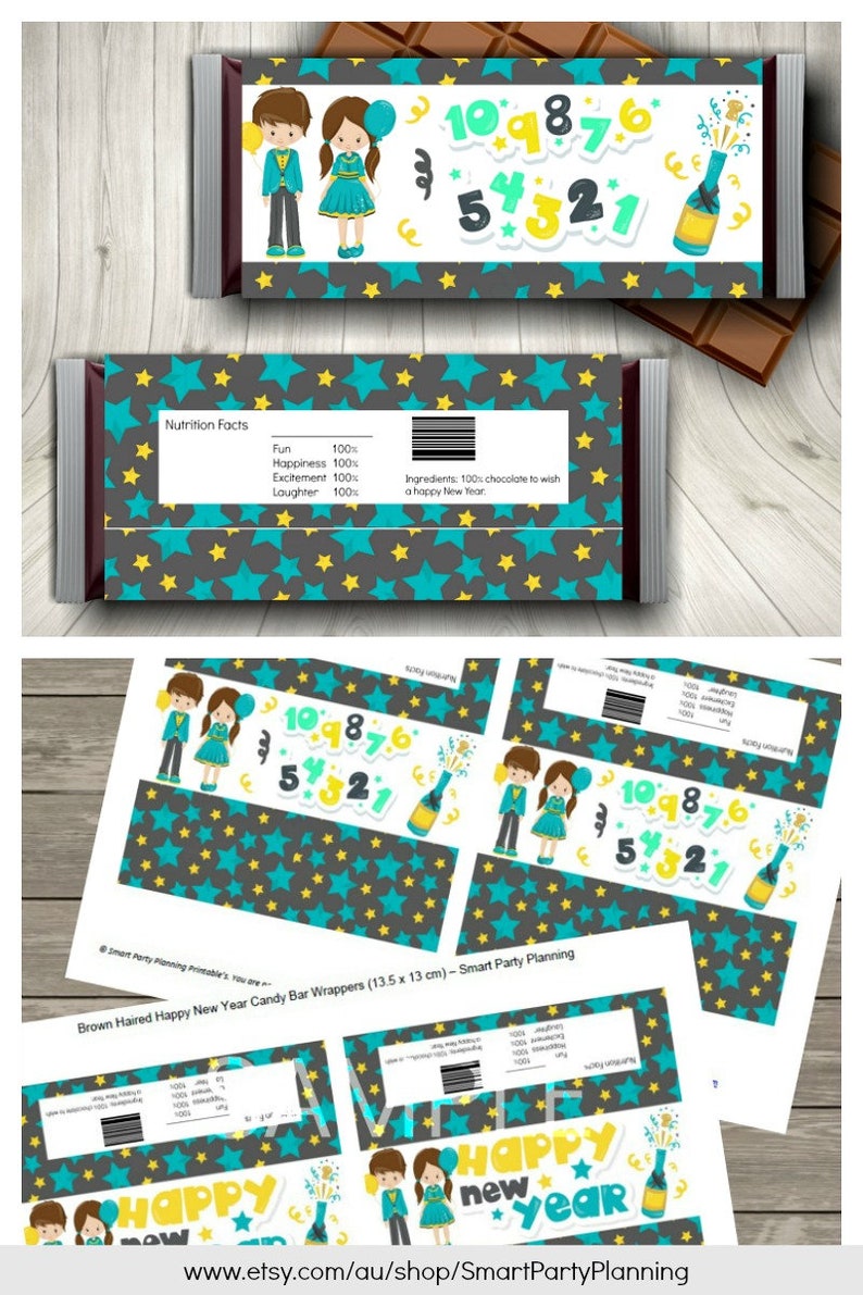 May include: Printable candy bar wrappers featuring a cartoon couple in blue and green outfits, a champagne bottle with fireworks, and the numbers 10, 9, 8, 7, 6, 5, 4, 3, 2, and 1. The wrappers are decorated with a gray and teal star pattern. The text "Happy New Year" is also included on the wrappers.