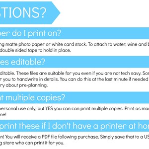 May include: A light blue and white graphic with the word "QUESTIONS?" at the top. The graphic provides answers to frequently asked questions about printing labels, including paper type, editability, and printing options.