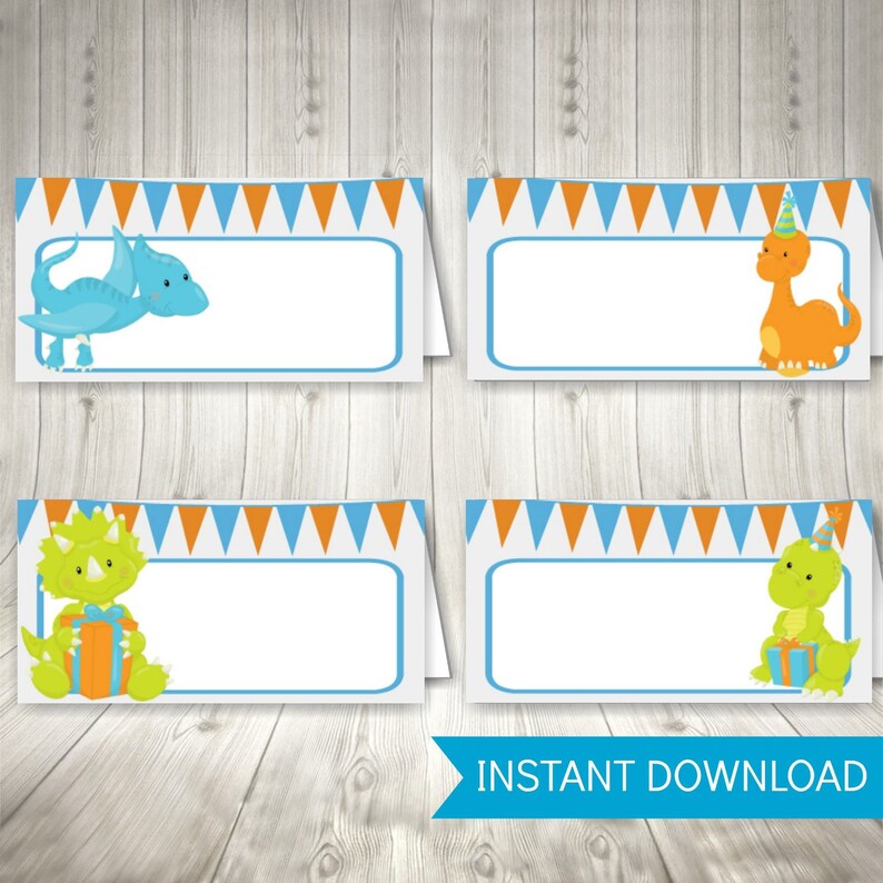 May include: Four dinosaur-themed place cards with a white rectangular space for text. Each card features a different cartoon dinosaur in blue, orange, and green, with orange and blue pennant banners at the top. The words "INSTANT DOWNLOAD" are in a blue banner.