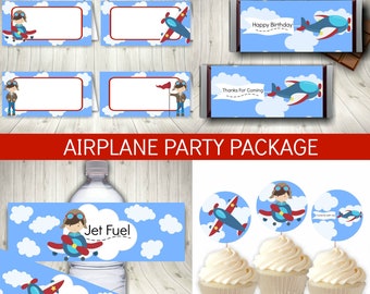 飛行機の誕生日パーティーの飾り付け：印刷可能なセット（すぐにダウンロード可能）