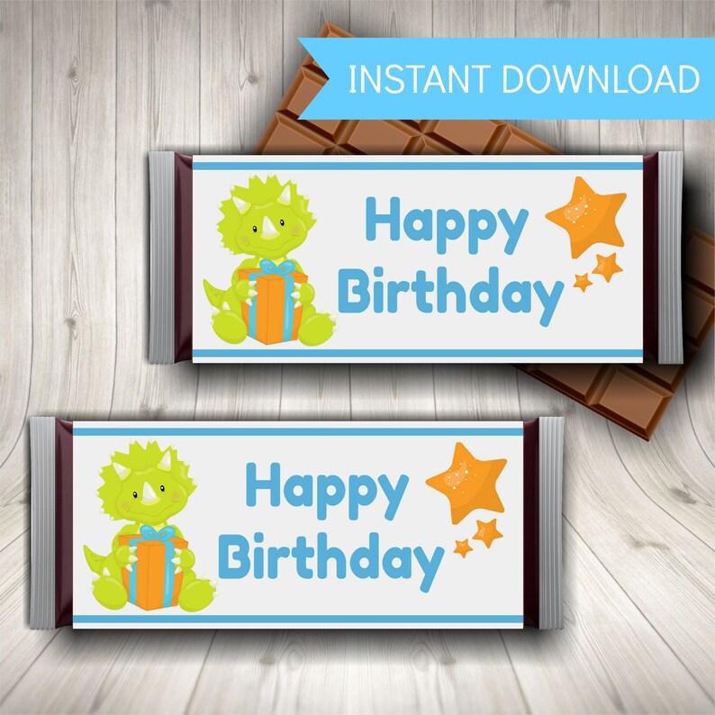Dinosaur Candy Bar Wrappers, Birthday, Party Decoration, Candy Favor, Boys, Cute Dinosaur, Instant Download, Printable PDF File image 1