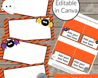 Editable Bat & Ghost Place Cards: Halloween Printable, (Instant Download, Canva Template)