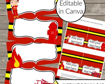 Fireman Place Cards, Editable Canva Template, Printable Instant Download