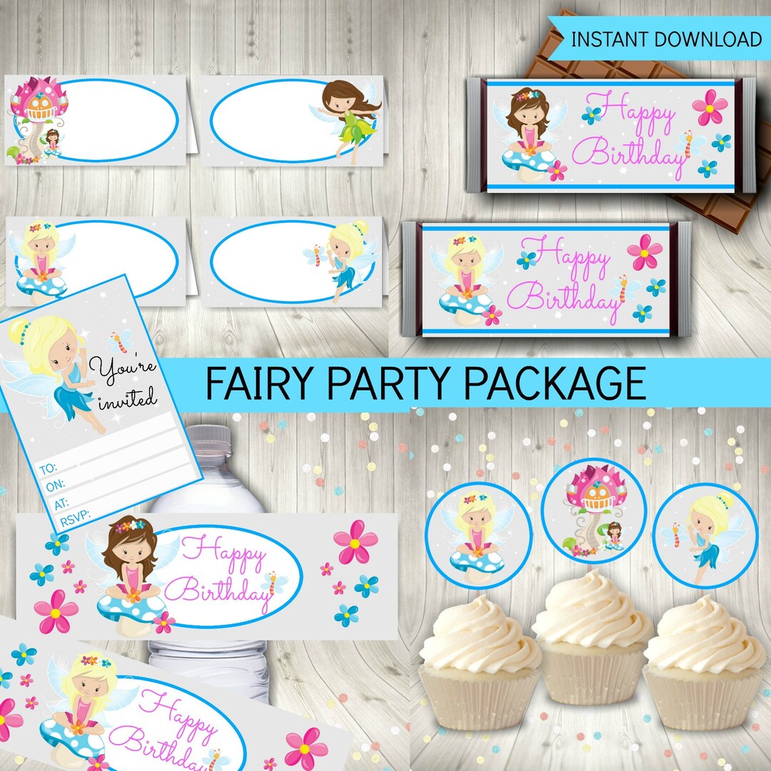Fairy Party Printables Set, Blue Fairy Birthday Party Decorations + FREE Fairy Invitation ...