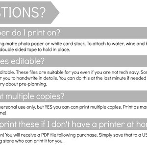 May include: A white background with black text answering frequently asked questions about printable labels. The questions are: What paper do I print on?, Are the files editable?, Can I print multiple copies?, Can I still print these if I don't have a printer at home?