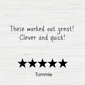 May include: A white background with the text "These worked out great! Clever and quick!" in black script. Below the text are five black star icons, followed by the name "Tommie".