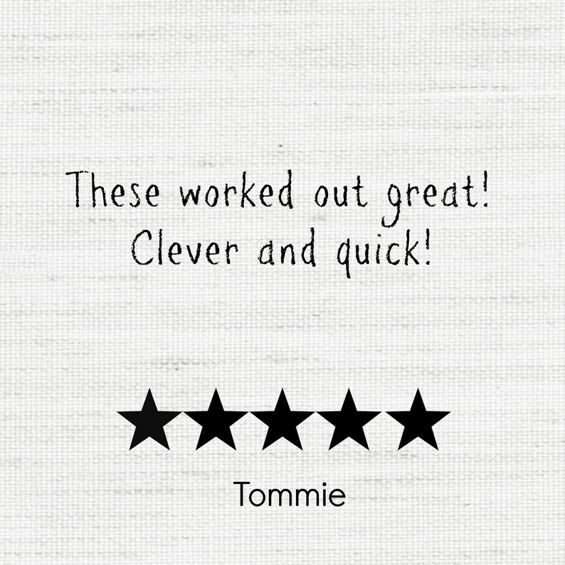 May include: A white background with the text "These worked out great! Clever and quick!" in black script. Below the text are five black star icons, followed by the name "Tommie".