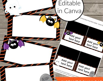 Editable Halloween Food Cards: Ghost & Bat Design, (Instant Download, Canva Template)