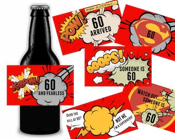 60th Birthday Beer Labels, 60th Gift For Him, Superhero Design, Printable Instant Download