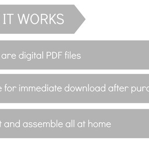 May include: A gray graphic with the text "HOW IT WORKS" at the top. The text below explains that all items are digital PDF files, available for immediate download after purchase, and can be printed, cut, and assembled at home.