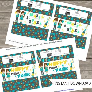 May include: Printable candy bar wrappers featuring a cartoon couple in blue and green outfits celebrating New Year's Eve with a bottle of champagne and gold stars on a gray background. The text "Happy New Year" is written in yellow letters.