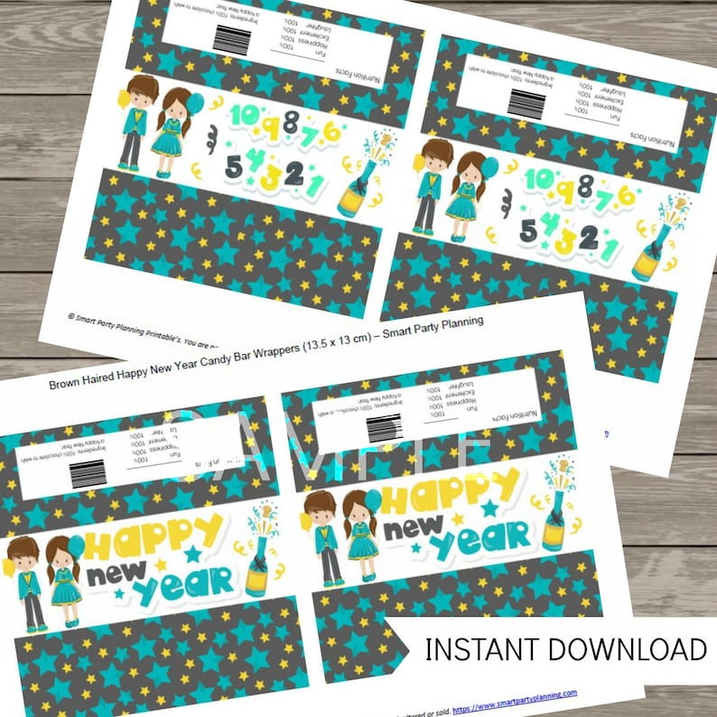 May include: Printable candy bar wrappers featuring a cartoon couple in blue and green outfits celebrating New Year's Eve with a bottle of champagne and gold stars on a gray background. The text "Happy New Year" is written in yellow letters.